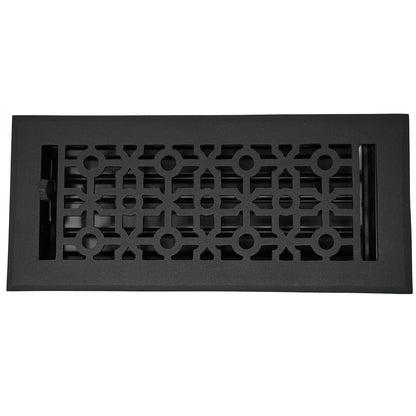 The Madelyn Carter Cast Aluminum Cathedral Vent Cover in black features a geometric pattern and adjustable side lever, combining style and durability for your floors.