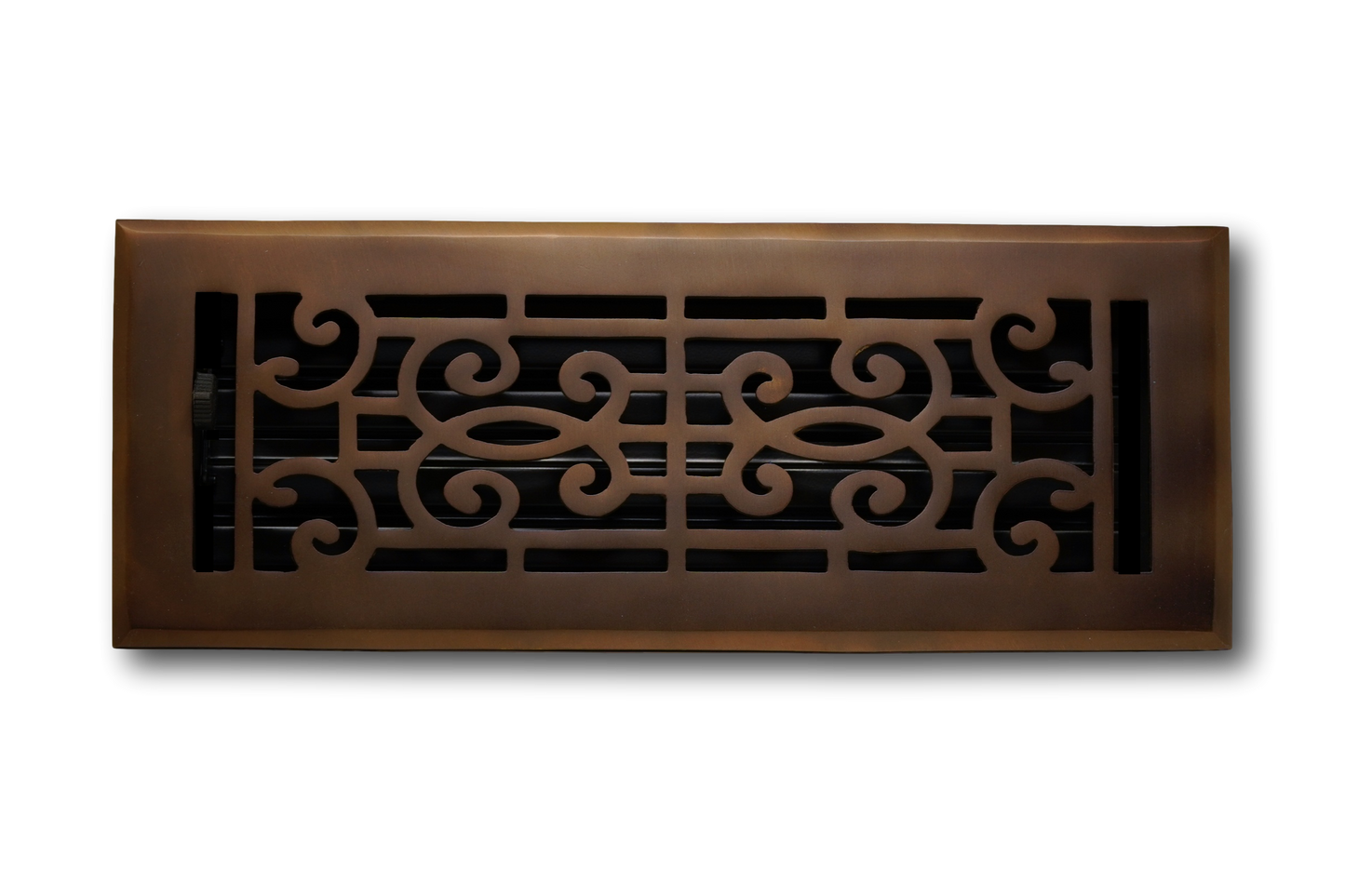 The Madelyn Carter Cast Brass Baroque Vent Cover features ornate scrollwork and an oil rubbed bronze finish, showcased against a plain background.
