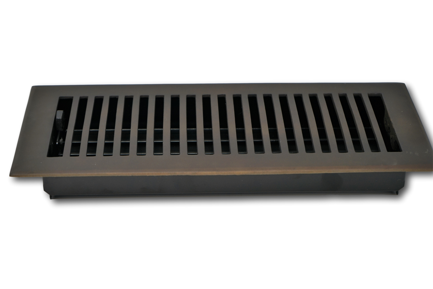 The Madelyn Carter Cast Brass Contemporary Vent Cover in Oil Rubbed Bronze features parallel slats and a rectangular design, offering a stylish and functional floor register option. Shown on a white background.