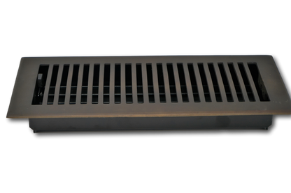 The Madelyn Carter Cast Brass Contemporary Vent Cover in Oil Rubbed Bronze features parallel slats and a rectangular design, offering a stylish and functional floor register option. Shown on a white background.