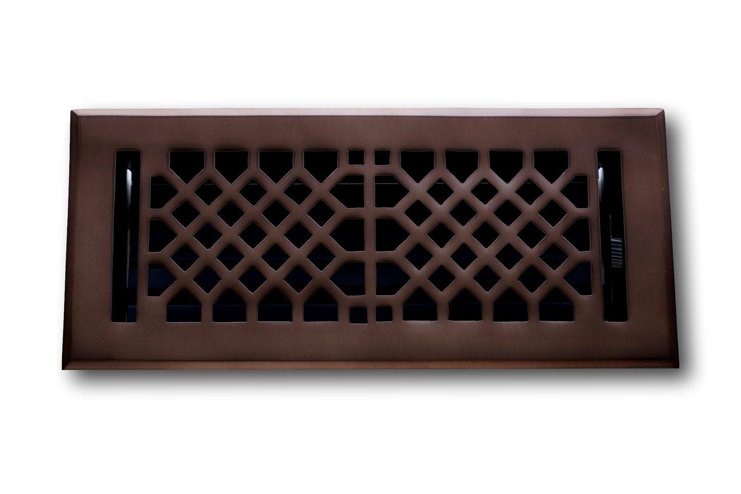 The Madelyn Carter Cast Brass Vintage Industrial Vent Cover features a geometric lattice design and an oil rubbed bronze finish, shown against a white background.