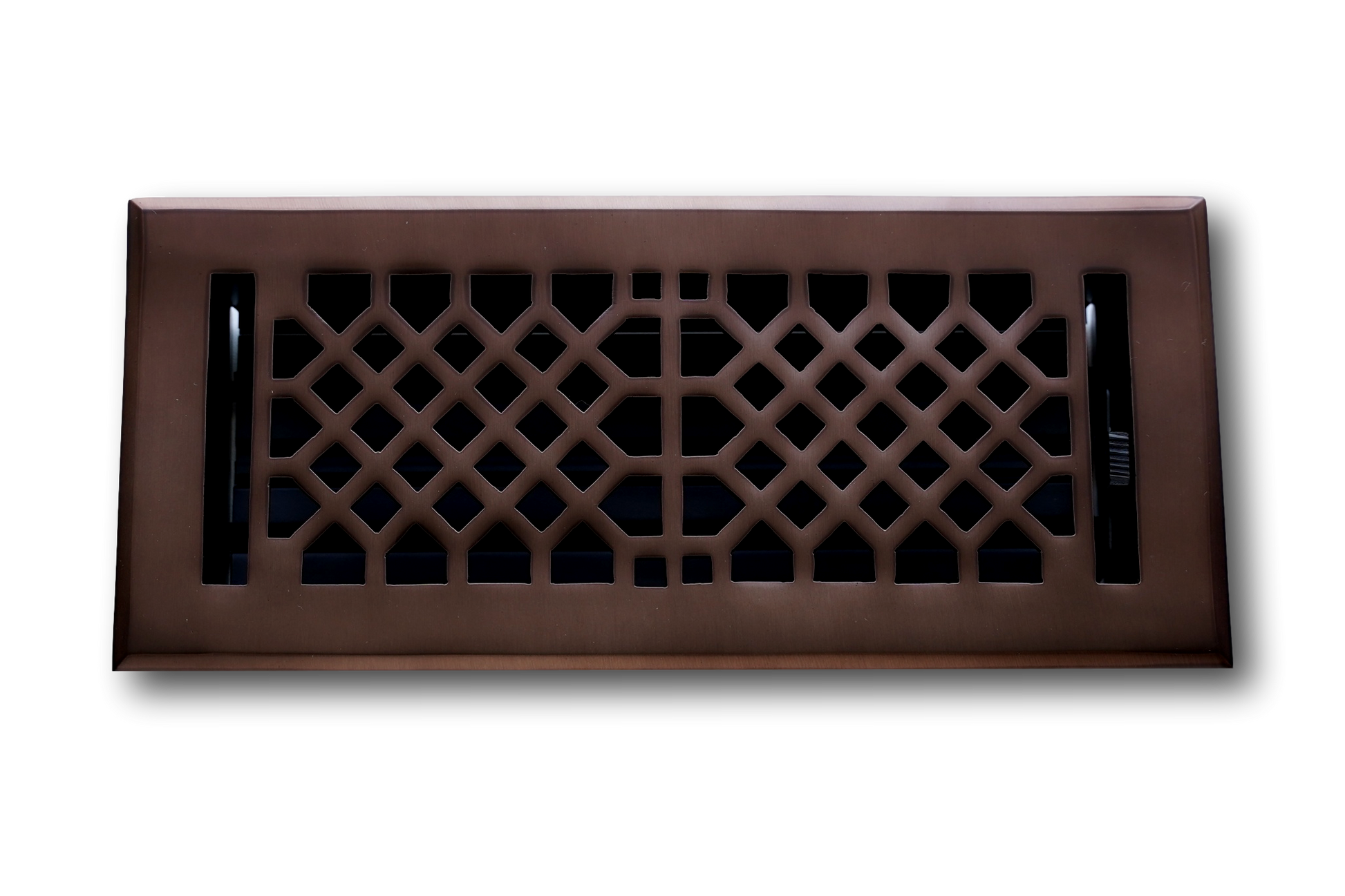 The Madelyn Carter Cast Brass Vintage Industrial Vent Cover features a geometric lattice design and an oil rubbed bronze finish, shown against a white background.