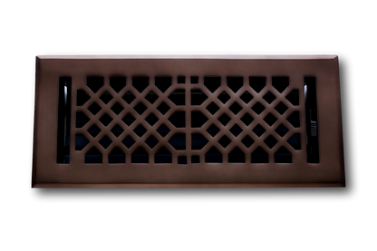 The Madelyn Carter Cast Brass Vintage Industrial Vent Cover features a geometric lattice design and an oil rubbed bronze finish, shown against a white background.