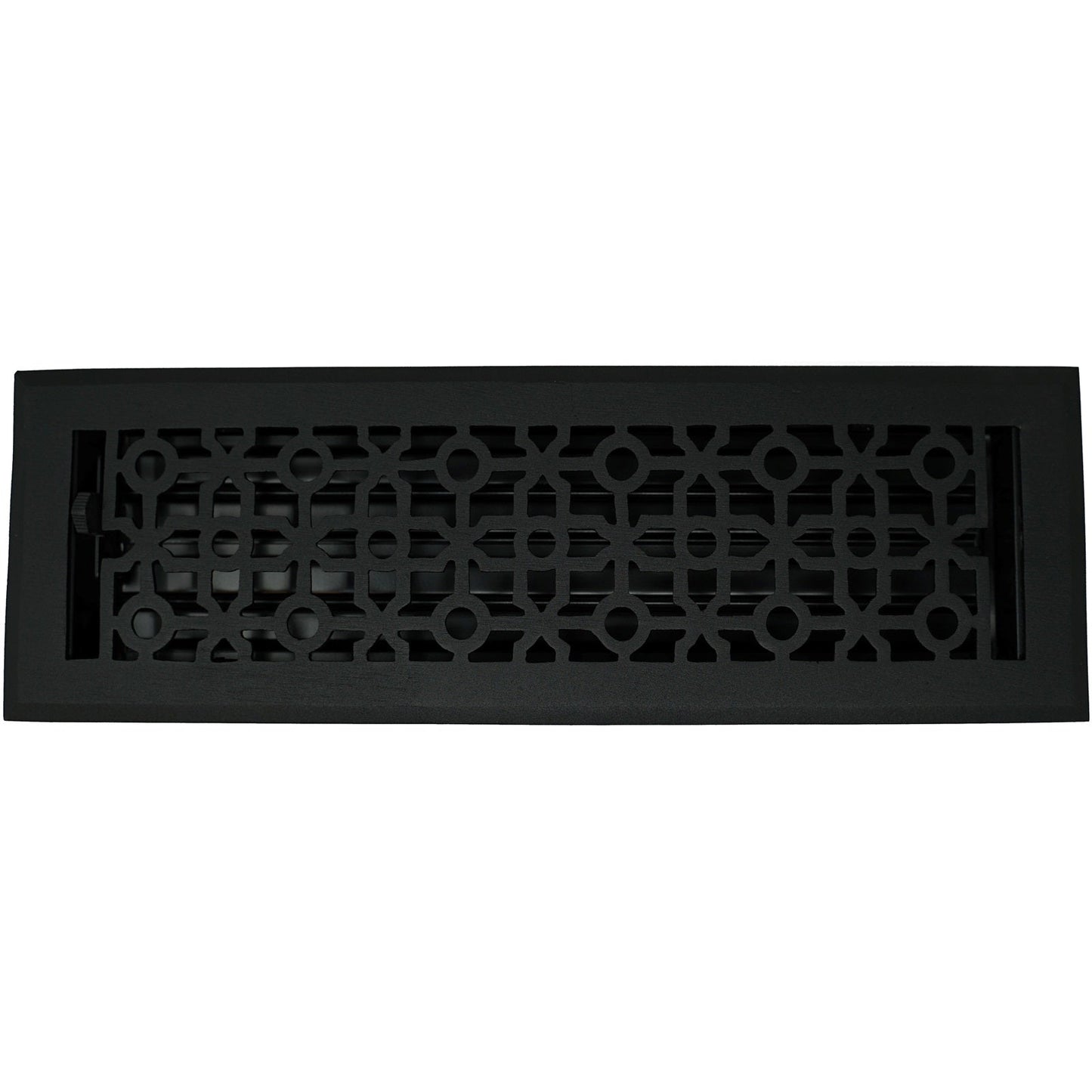 The Madelyn Carter Cast Aluminum Cathedral Vent Cover in black features a decorative geometric design with open slots, crafted from durable cast aluminum for a modern look.