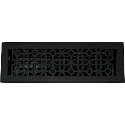 The Madelyn Carter Cast Aluminum Cathedral Vent Cover in black features a decorative geometric design with open slots, crafted from durable cast aluminum for a modern look.
