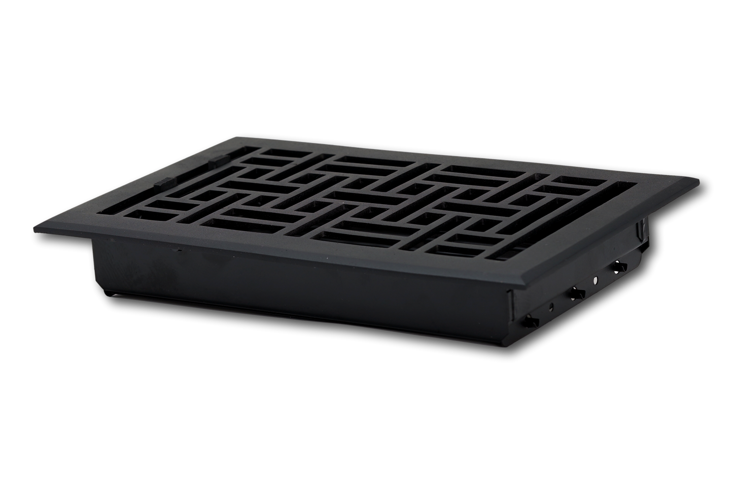 The Madelyn Carter Cast Aluminum Arts & Crafts Vent Cover in black features a geometric grille design, shown on a white background, adding an elegant decorative touch to your space.