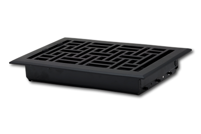 The Madelyn Carter Cast Aluminum Arts & Crafts Vent Cover in black features a geometric grille design, shown on a white background, adding an elegant decorative touch to your space.