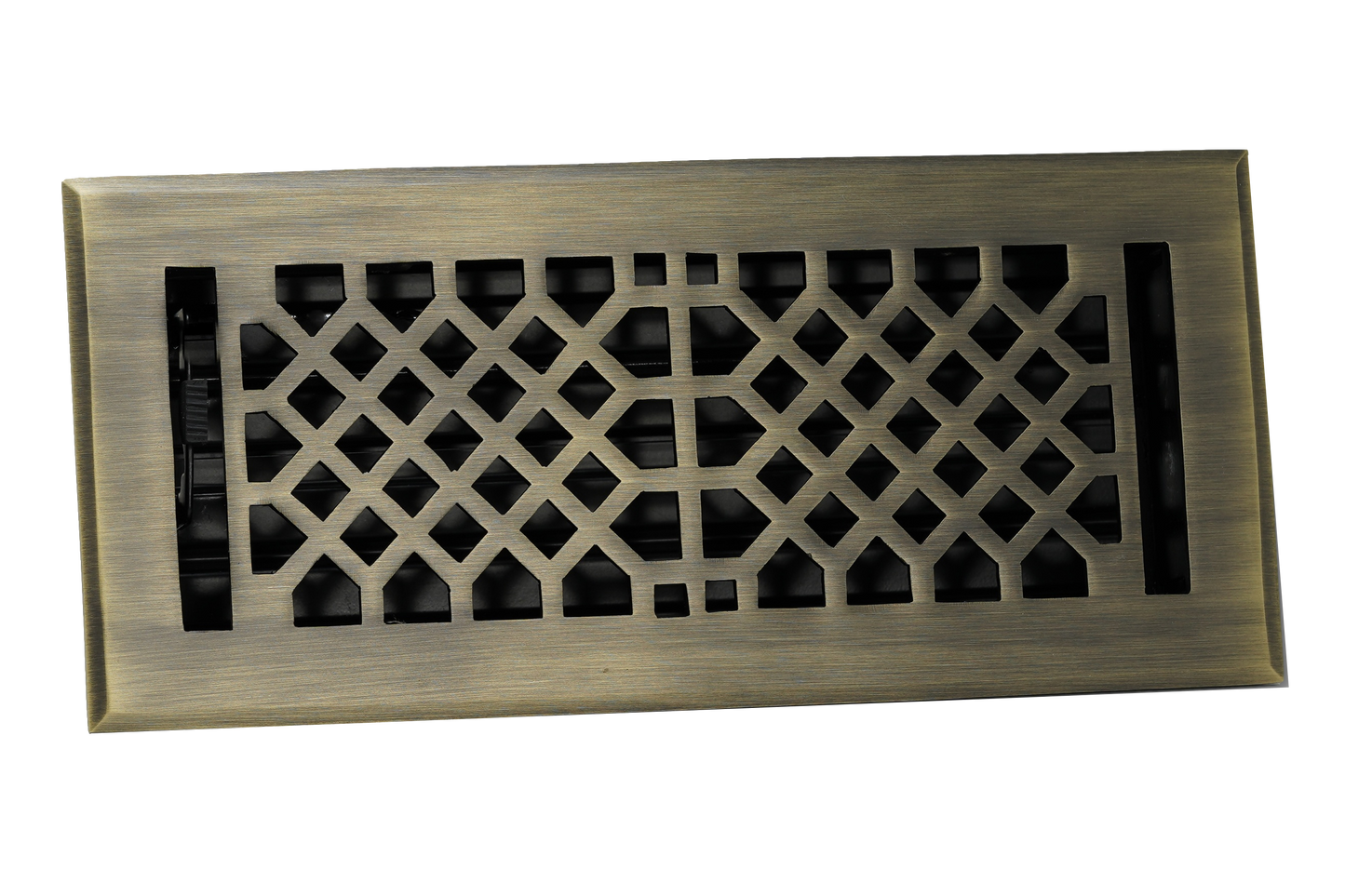 The Madelyn Carter Cast Brass Vintage Industrial Vent Cover in antique brass features a geometric lattice pattern, shown on a plain white background.