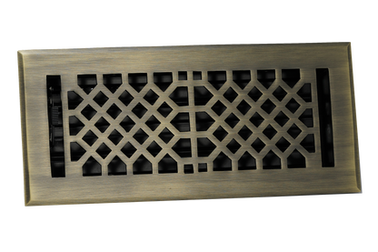The Madelyn Carter Cast Brass Vintage Industrial Vent Cover in antique brass features a geometric lattice pattern, shown on a plain white background.