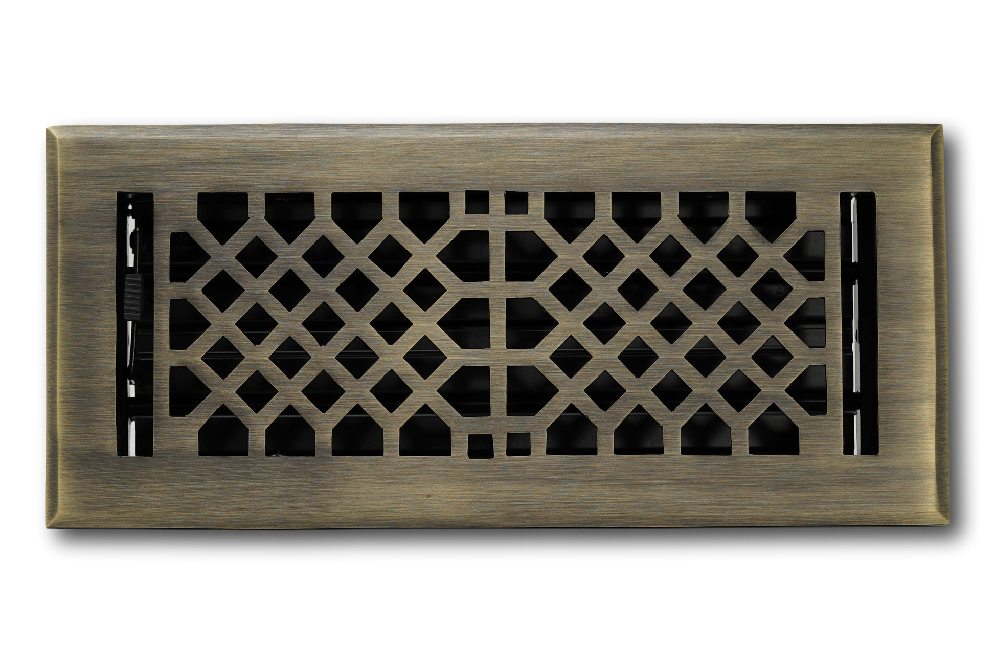 The Madelyn Carter Cast Brass Vintage Industrial Vent Cover in Antique Brass features a geometric lattice design and elegant finish, perfect for adding sophistication to your space.