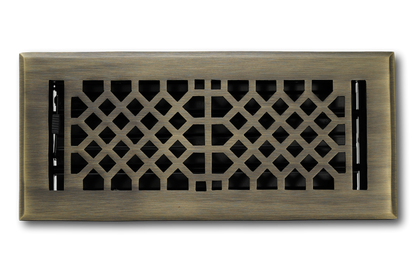 The Madelyn Carter Cast Brass Vintage Industrial Vent Cover in Antique Brass features a geometric lattice design and elegant finish, perfect for adding sophistication to your space.