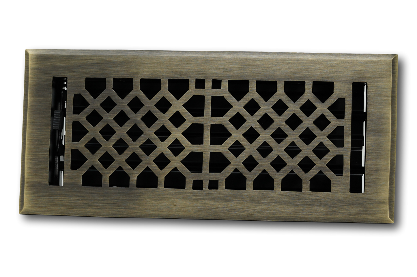 The Madelyn Carter Cast Brass Vintage Industrial Vent Cover in Antique Brass features a geometric lattice design, displayed against a white background.