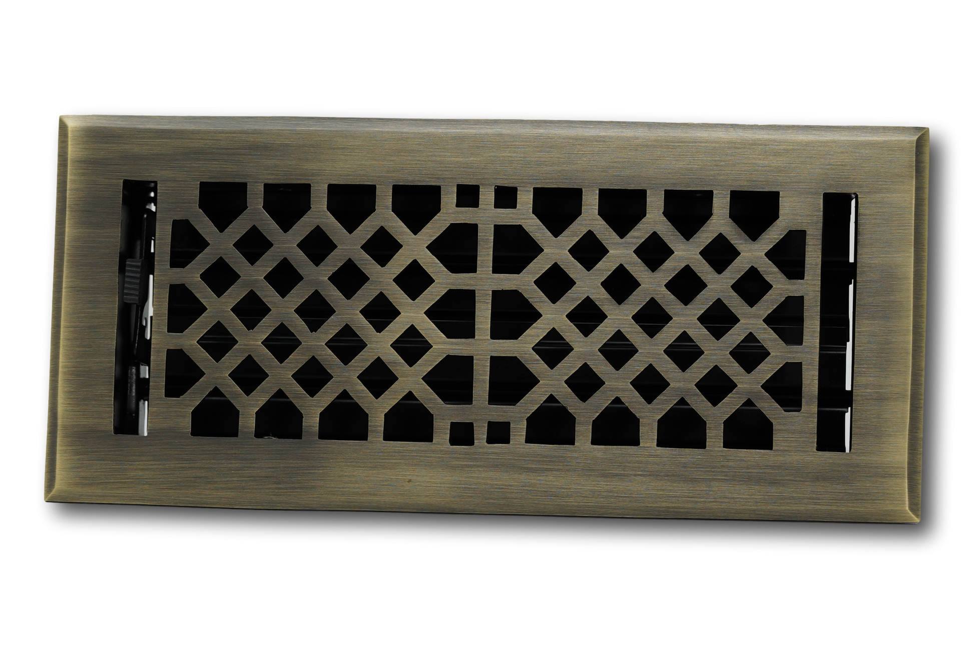 The Madelyn Carter Cast Brass Vintage Industrial Vent Cover in Antique Brass features a geometric lattice design, displayed against a white background.