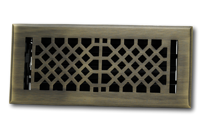 The Madelyn Carter Cast Brass Vintage Industrial Vent Cover in Antique Brass features a geometric lattice design, displayed against a white background.
