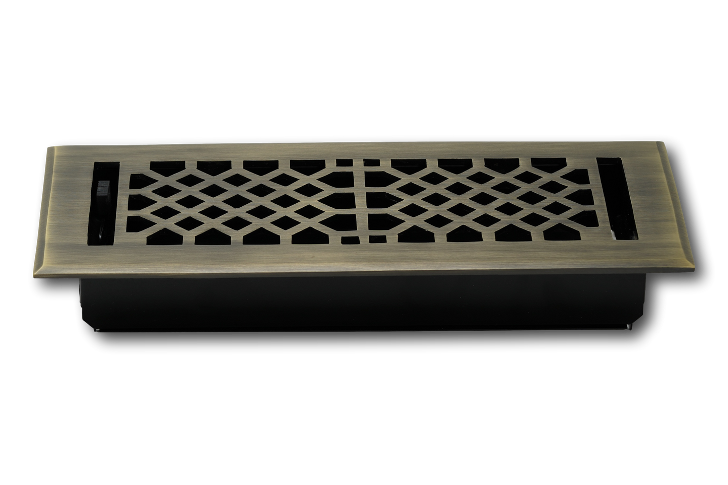 The Madelyn Carter Cast Brass Vintage Industrial Vent Cover in antique brass features a decorative lattice pattern and is shown against a plain white background.