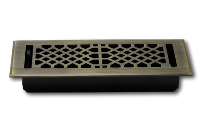 The Madelyn Carter Cast Brass Vintage Industrial Vent Cover in antique brass features a decorative lattice pattern and is shown against a plain white background.