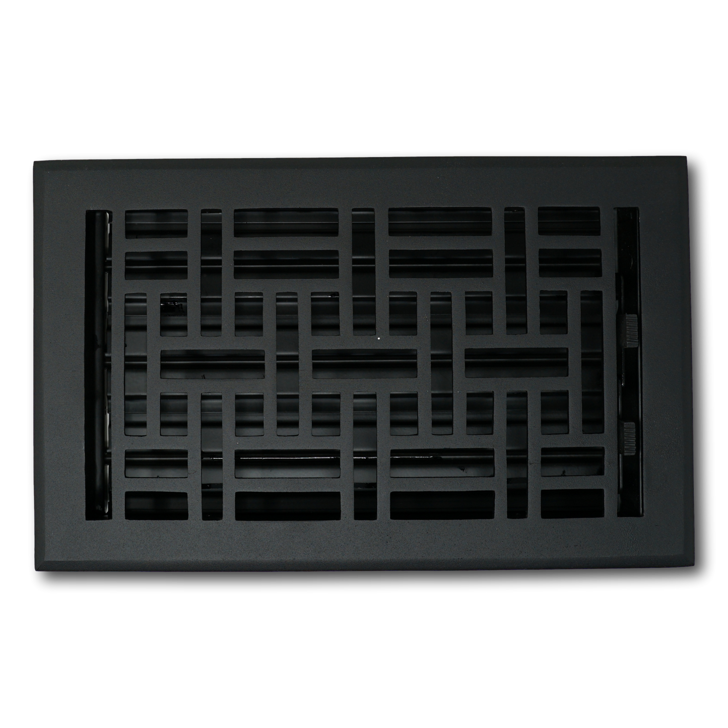 The Madelyn Carter Cast Aluminum Arts & Crafts Vent Cover in black features a geometric grid design and is shown against a white background.