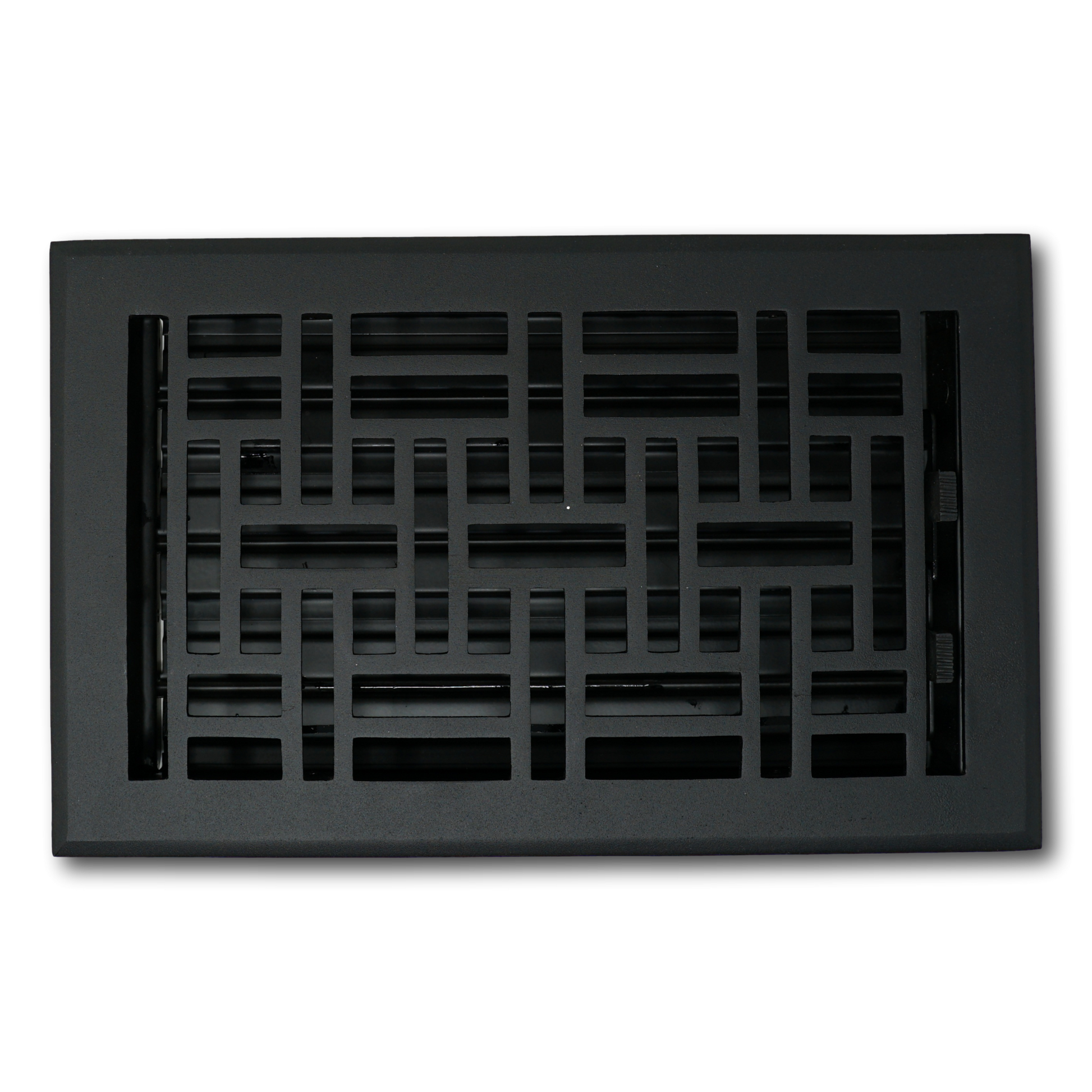 The Madelyn Carter Cast Aluminum Arts & Crafts Vent Cover in black features a geometric grid design and is shown against a white background.