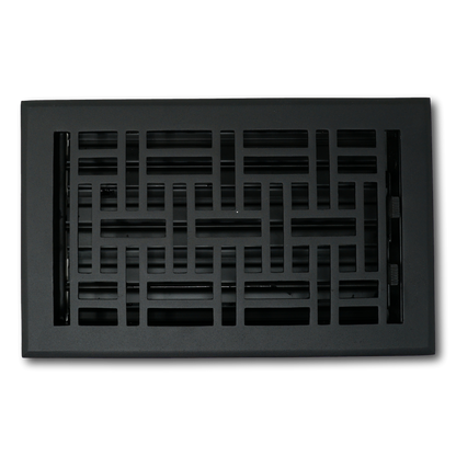 The Madelyn Carter Cast Aluminum Arts & Crafts Vent Cover in black features a geometric grid design and is shown against a white background.