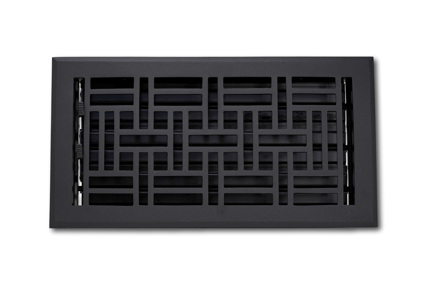 The Madelyn Carter Cast Aluminum Arts & Crafts Vent Cover in black features a geometric rectangular pattern that adds style and contrast to your floor, especially against a light background.