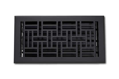 The Madelyn Carter Cast Aluminum Arts & Crafts Vent Cover in black features a geometric rectangular pattern that adds style and contrast to your floor, especially against a light background.