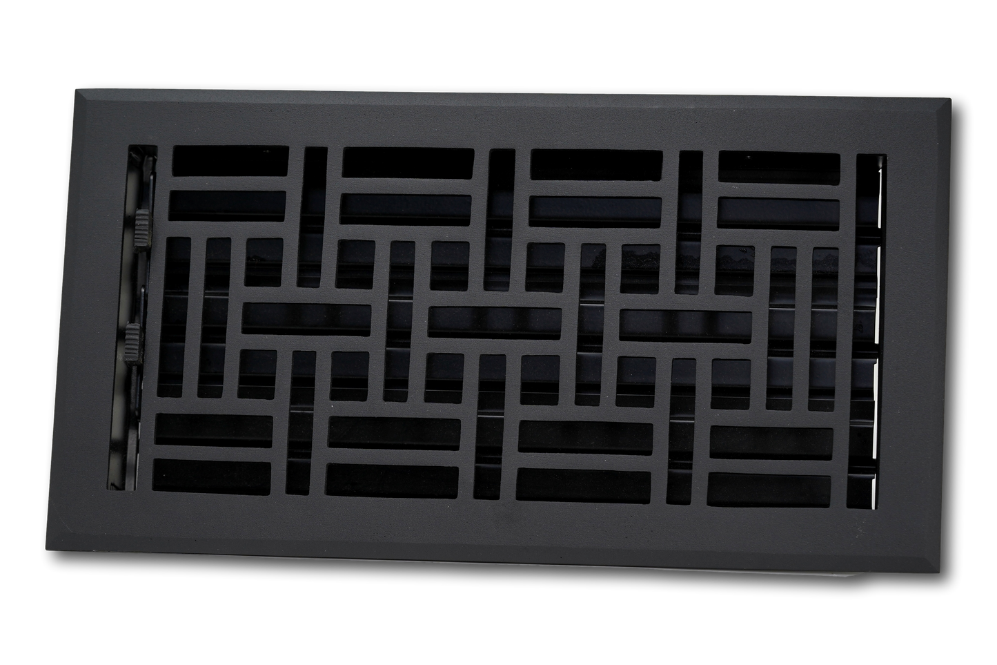 Madelyn Carter Cast Aluminum Arts & Crafts Vent Cover in black features a geometric grid design and side lever for airflow control, adding a stylish touch to your space.