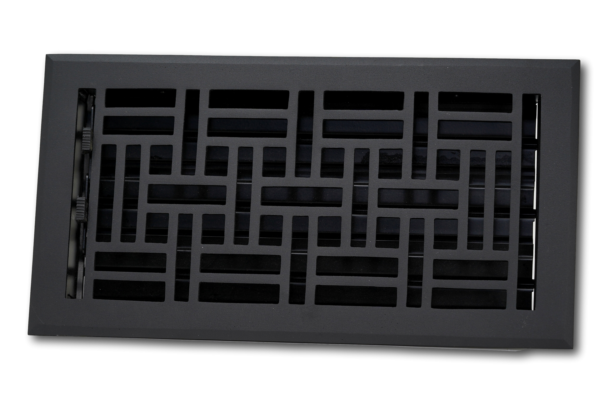 Madelyn Carter Cast Aluminum Arts & Crafts Vent Cover in black features a geometric grid design and side lever for airflow control, adding a stylish touch to your space.