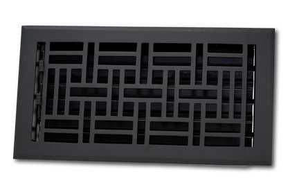 Madelyn Carter Cast Aluminum Arts & Crafts Vent Cover in black features a geometric grid design and side lever for airflow control, adding a stylish touch to your space.