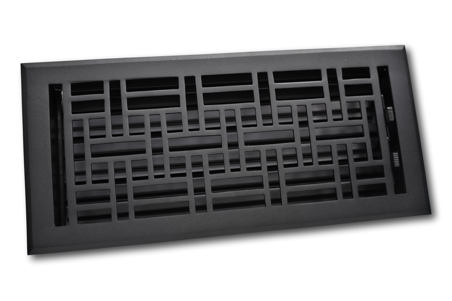 The Madelyn Carter Cast Aluminum Arts & Crafts Vent Cover in black features a geometric grid design, adding style to any floor. Rectangular shape shown on a white background.
