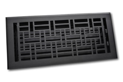 The Madelyn Carter Cast Aluminum Arts & Crafts Vent Cover in black features a geometric grid design, adding style to any floor. Rectangular shape shown on a white background.
