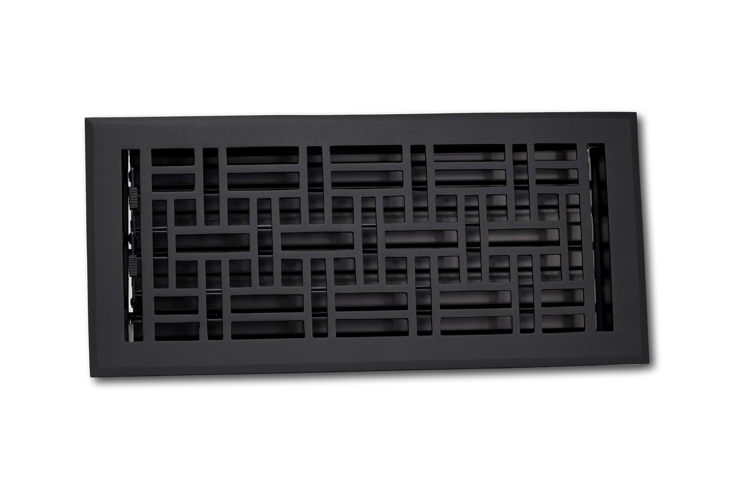 The Madelyn Carter Cast Aluminum Arts & Crafts Vent Cover in black features a geometric grid pattern and durable design, shown against a plain white background.