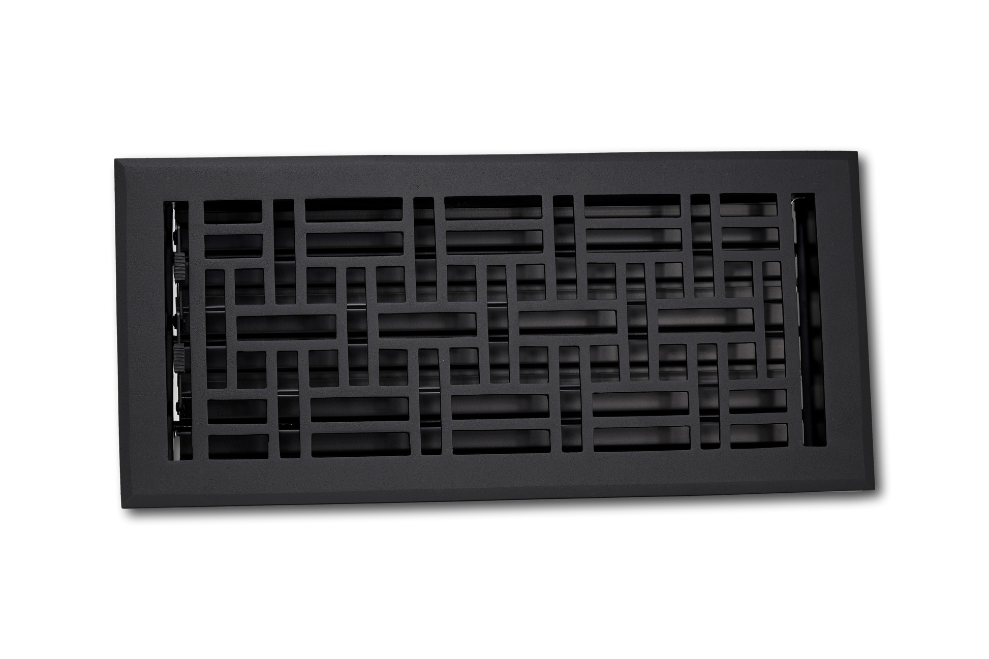 The Madelyn Carter Cast Aluminum Arts & Crafts Vent Cover in black features a geometric grid pattern and durable design, shown against a plain white background.