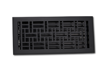 The Madelyn Carter Cast Aluminum Arts & Crafts Vent Cover in black features a geometric grid pattern and durable design, shown against a plain white background.