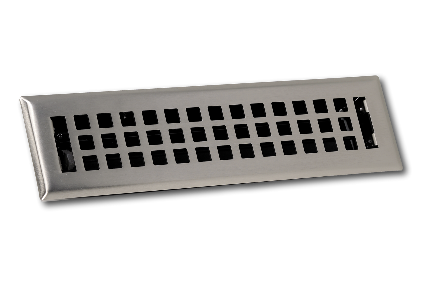 Madelyn Carter Steel Artisan Vent Cover in brushed nickel, rectangular with a grid of square openings. Photographed on a white background.