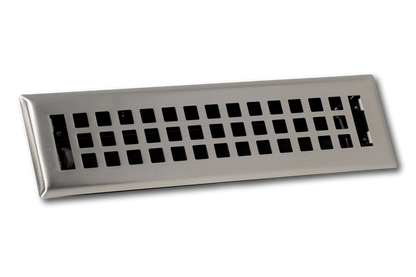 Madelyn Carter Steel Artisan Vent Cover in brushed nickel, rectangular with a grid of square openings. Photographed on a white background.