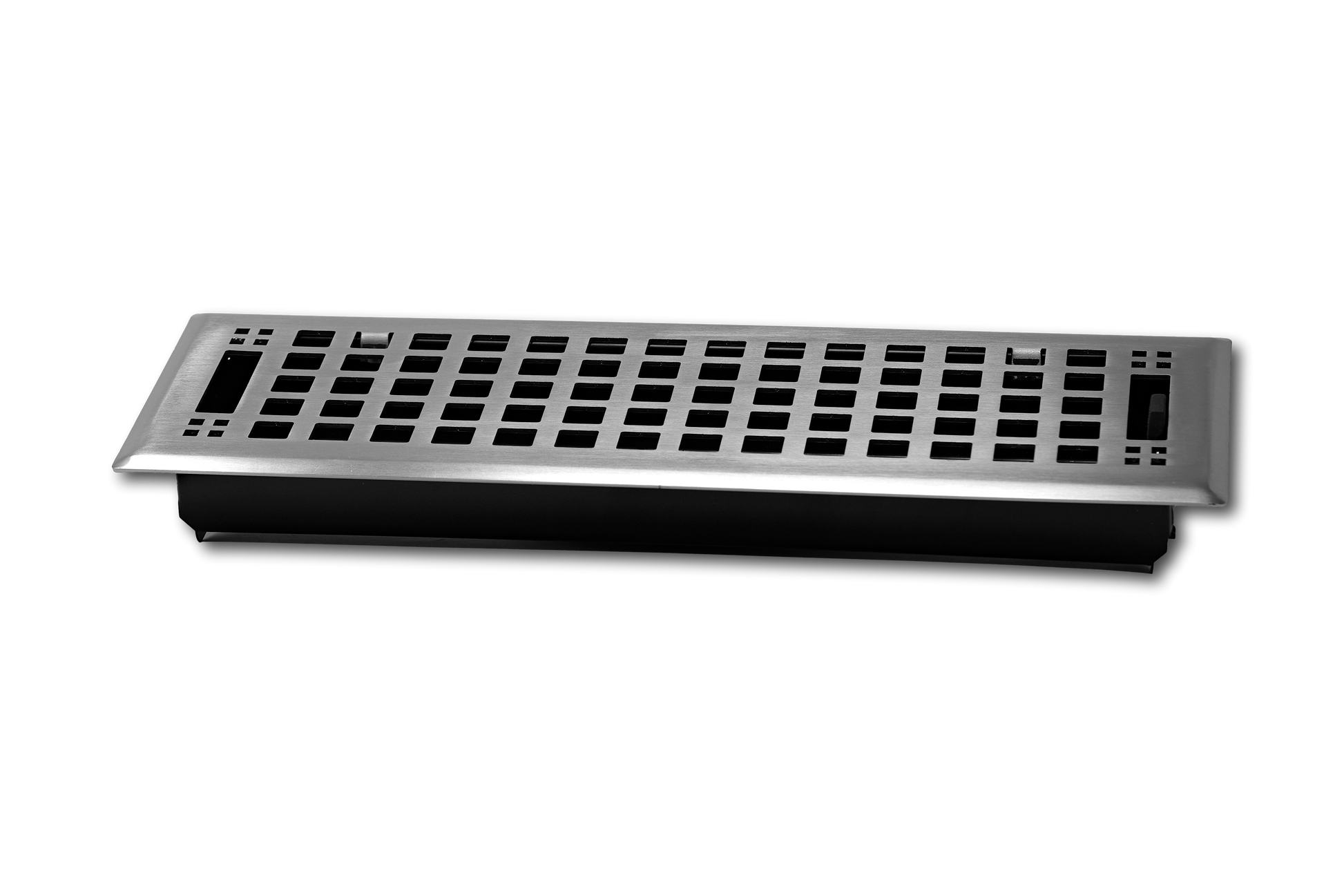 The Madelyn Carter Steel Artisan Vent Cover features a brushed nickel finish and decorative grid design over a rectangular black base, shown in a product photo on a plain white background.