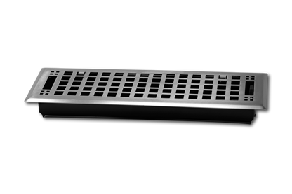 The Madelyn Carter Steel Artisan Vent Cover features a brushed nickel finish and decorative grid design over a rectangular black base, shown in a product photo on a plain white background.
