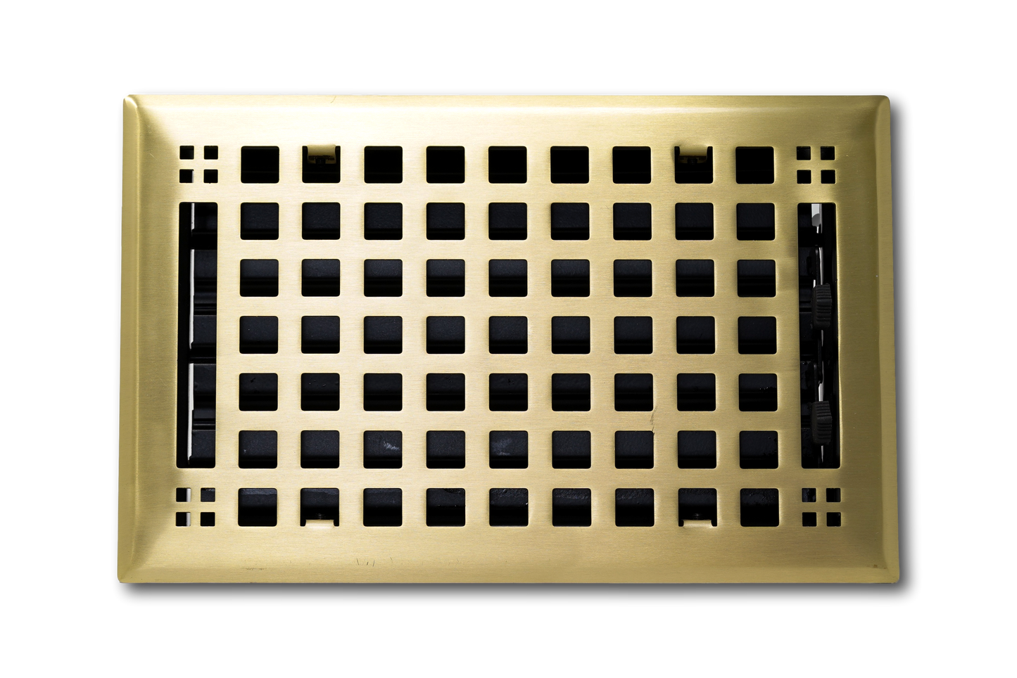 The Madelyn Carter Steel Artisan Vent Cover in brushed brass features a rectangular grid design and matte finish, perfect for modern interiors, shown against a plain white background.