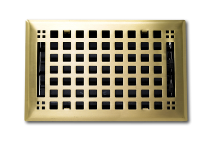 The Madelyn Carter Steel Artisan Vent Cover in brushed brass features a rectangular grid design and matte finish, perfect for modern interiors, shown against a plain white background.