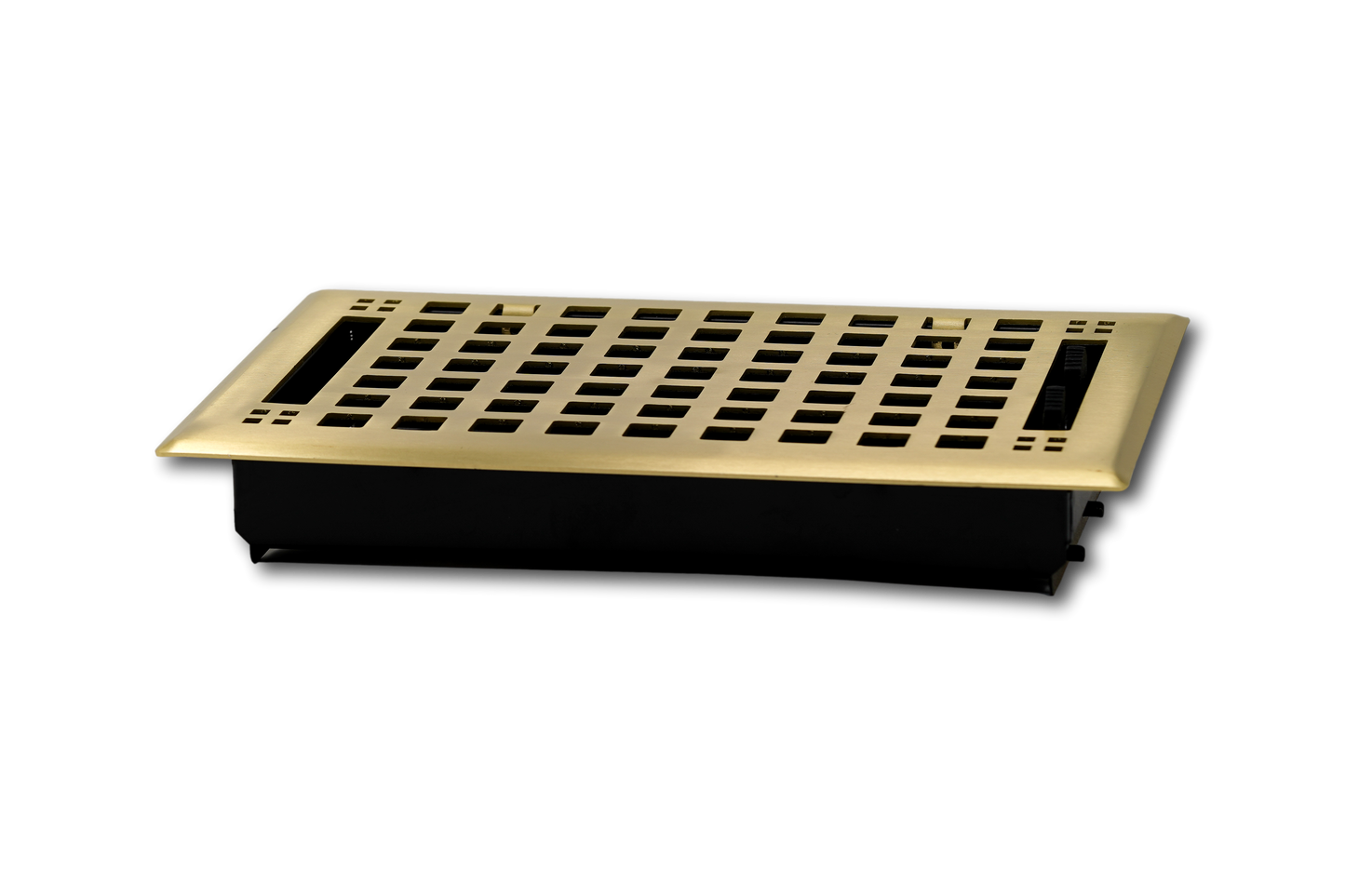 The Madelyn Carter Steel Artisan Vent Cover in brushed brass features a gold grid pattern with a black base, offering an elegant touch and reliable airflow. Shown on a white background.