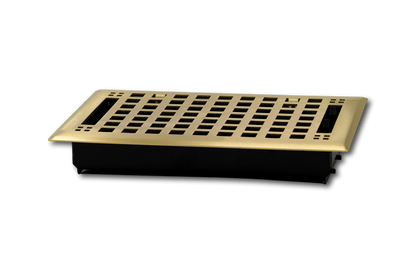 The Madelyn Carter Steel Artisan Vent Cover in brushed brass features a gold grid pattern with a black base, offering an elegant touch and reliable airflow. Shown on a white background.