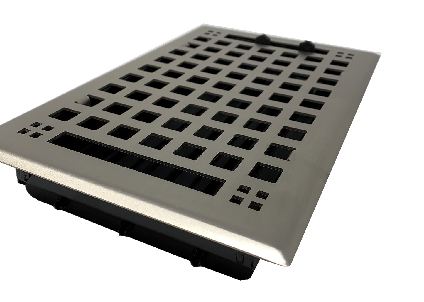 Madelyn Carter Steel Artisan Vent Cover in brushed nickel features a grid pattern and two adjustment levers, designed for efficient airflow control on floors.