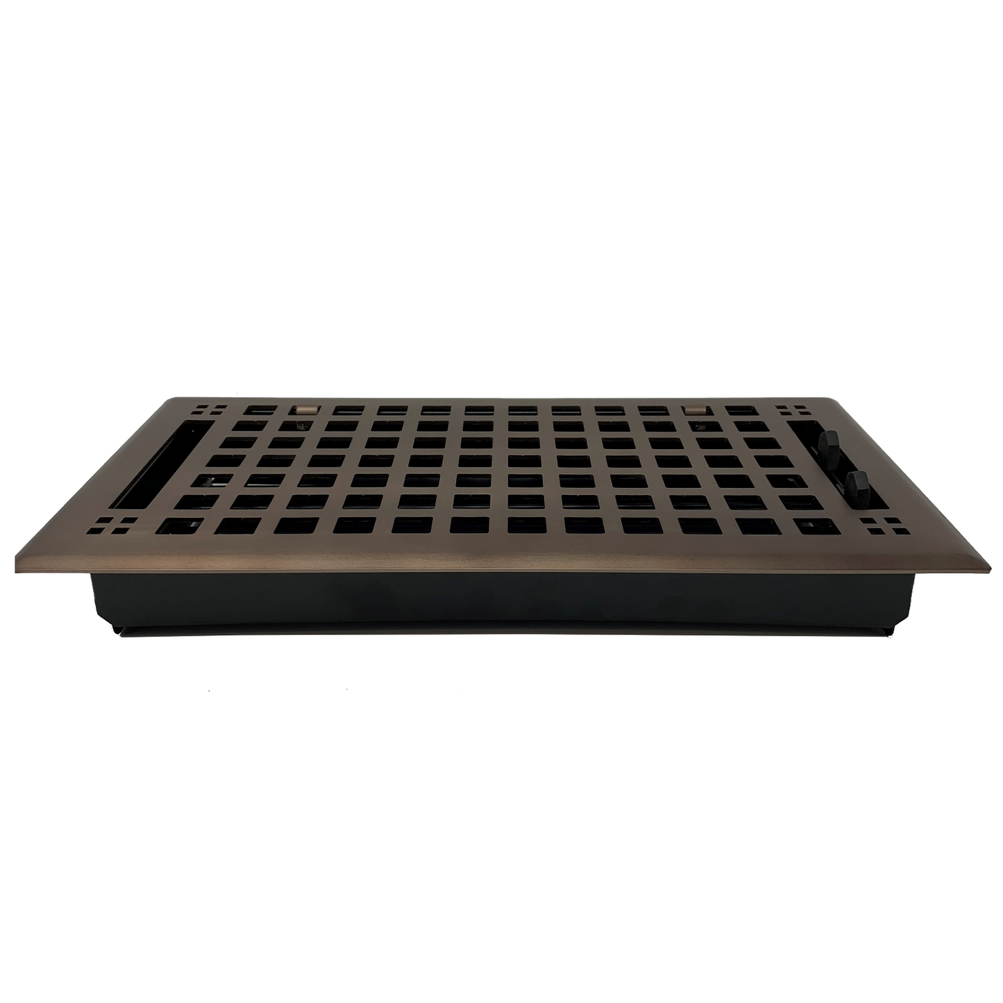 The Madelyn Carter Steel Artisan Vent Cover in Oil Rubbed Bronze features a rectangular grid pattern and is shown from a side angle against a white background.