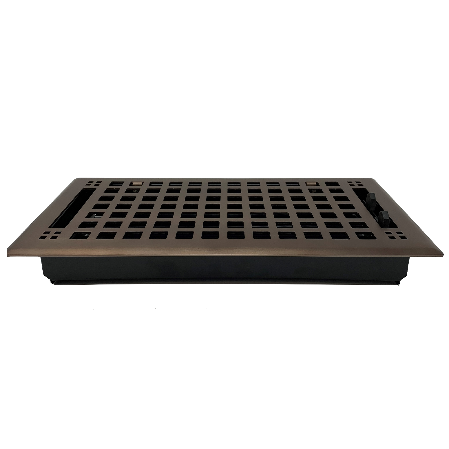 The Madelyn Carter Steel Artisan Vent Cover in Oil Rubbed Bronze features a rectangular grid pattern and is shown from a side angle against a white background.