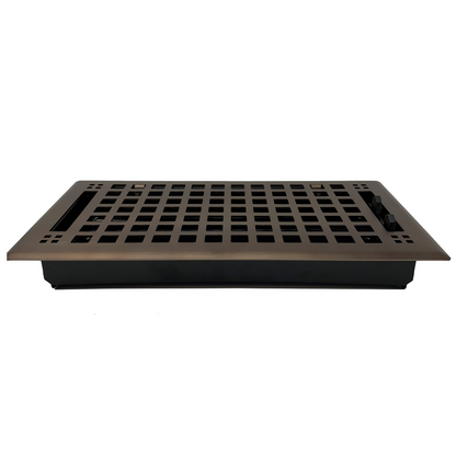 The Madelyn Carter Steel Artisan Vent Cover in Oil Rubbed Bronze features a rectangular grid pattern and is shown from a side angle against a white background.