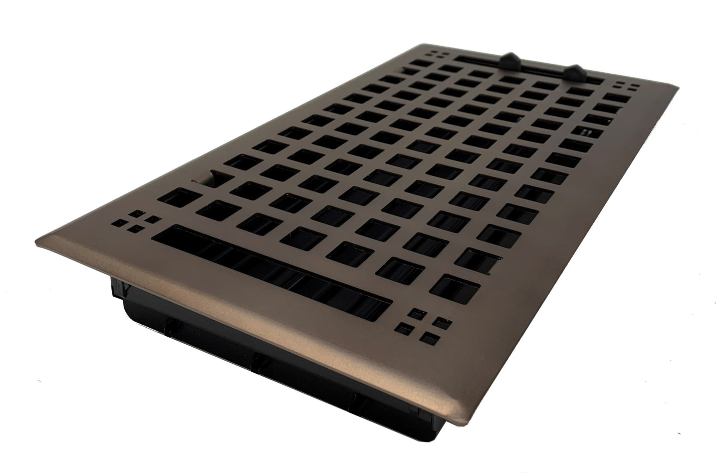 The Madelyn Carter Steel Artisan Vent Cover in Oil Rubbed Bronze features a rectangular grid design, shown at an angle on a white background.