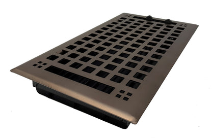 The Madelyn Carter Steel Artisan Vent Cover in Oil Rubbed Bronze features a rectangular grid design, shown at an angle on a white background.