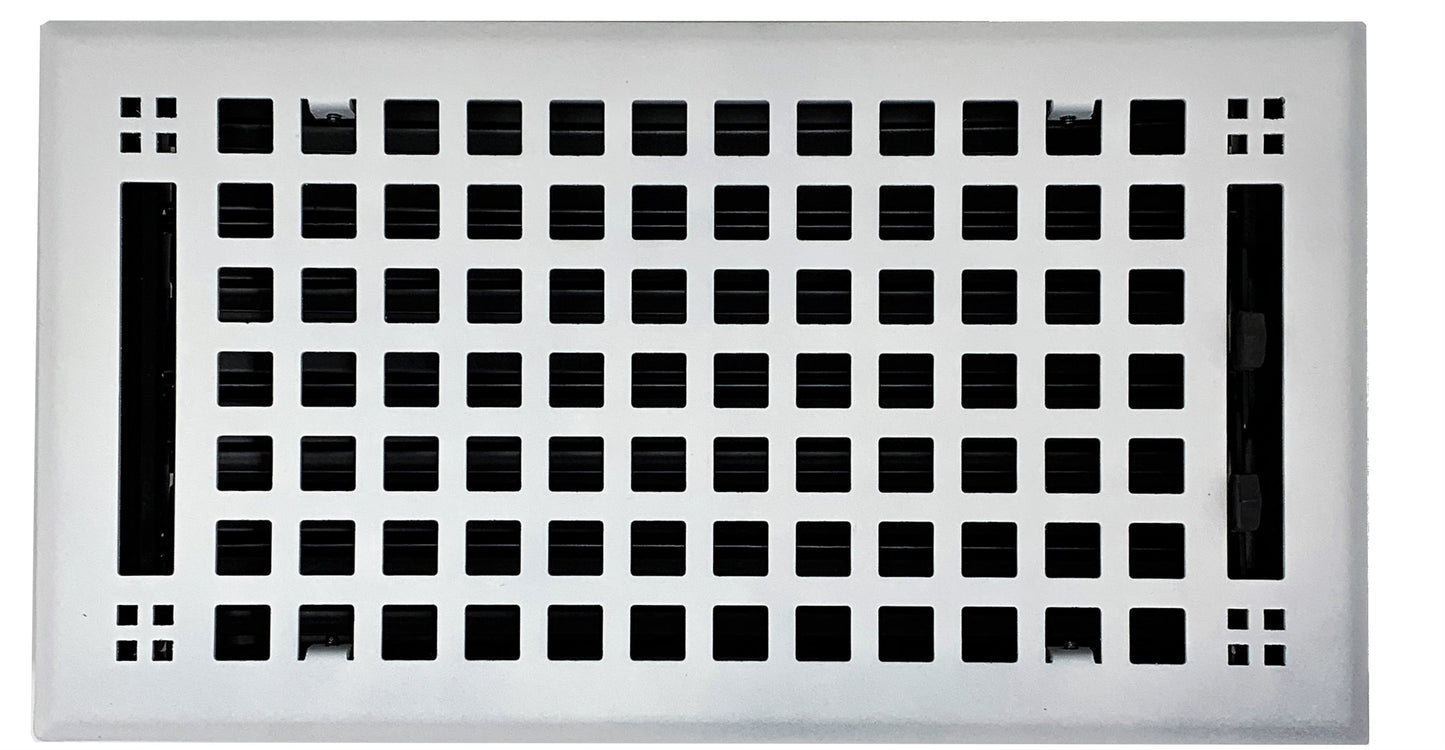 Madelyn Carter Steel Artisan Vent Covers in white feature a rectangular design with a grid of square openings and adjustable black louvers, shown on a white background.