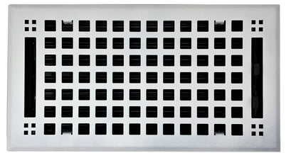 Madelyn Carter Steel Artisan Vent Covers in white feature a rectangular design with a grid of square openings and adjustable black louvers, shown on a white background.
