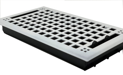 The Madelyn Carter Steel Artisan Vent Cover in white features a rectangular design with square grid holes and two raised tabs, complementing both modern spaces and artisan vent covers.